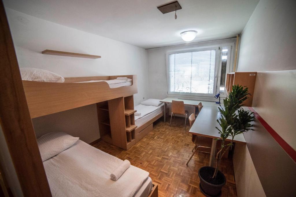 a small room with a bunk bed and a desk at Hostel DIC in Ljubljana