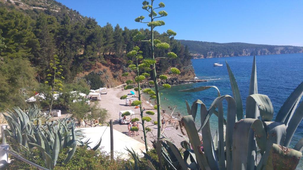 Blick auf den Strand mit Menschen und das Wasser in der Unterkunft Apartments Frenkie in Komiža