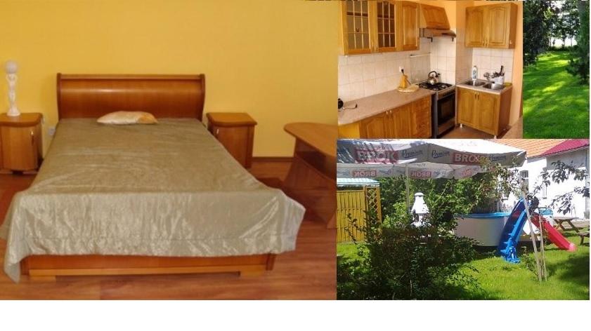 ムジェジノにあるPokoje Bialy Domのベッドルーム1室(ベッド1台付)とキッチンの写真2枚