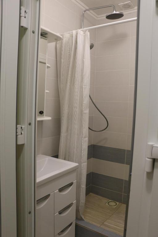 y baño con cortina de ducha y lavamanos. en Nadiira, en Slavske