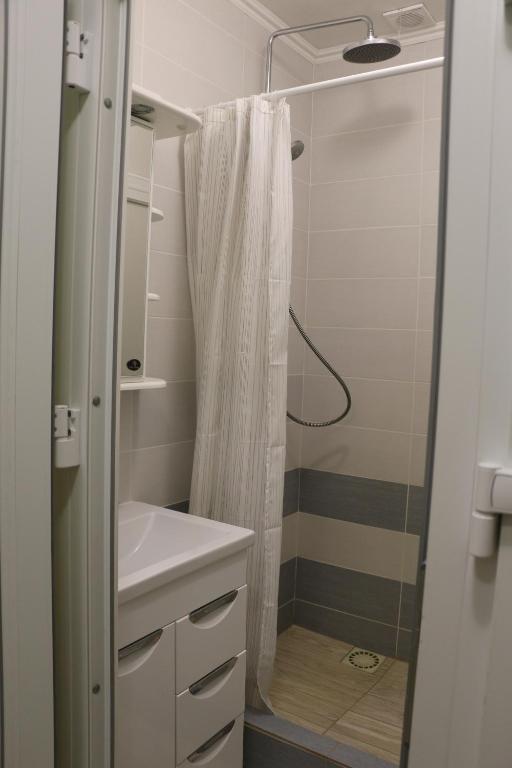 une salle de bain avec un rideau de douche et un lavabo dans l'établissement Nadiira, à Slavsko