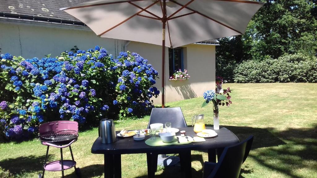 un tavolo nero con un ombrello in un cortile di Calme et nature a Saint-Gravé