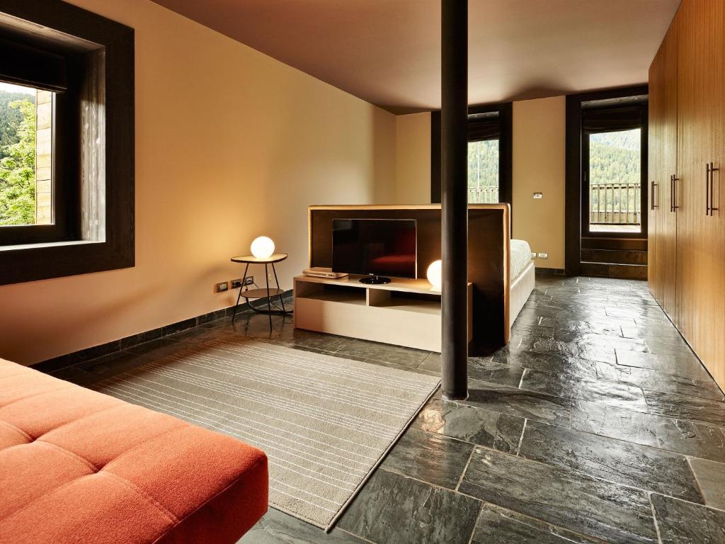 Albergo Diffuso Sauris in Lateis في Lateis: غرفة معيشة بها أريكة وتلفزيون