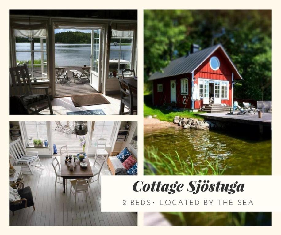 kolaż zdjęć domu i jeziora w obiekcie Sjöstuga Myttinge w mieście Värmdö