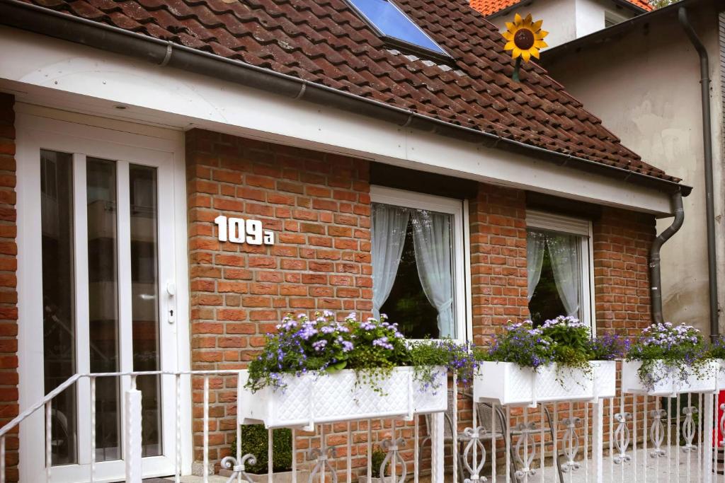 ティメンドルファー・シュトラントにあるDas Sonnenblumenhausの白い窓と花箱が備わるレンガ造りの家