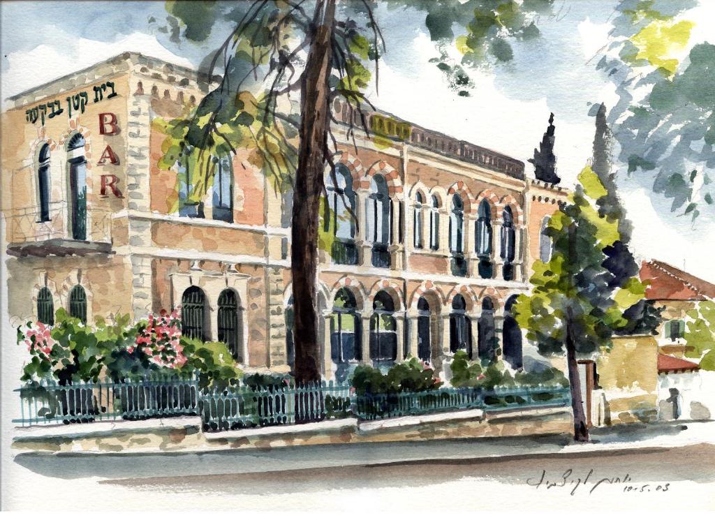 a watercolor painting of a building at The Little House In Bakah in Jerusalem