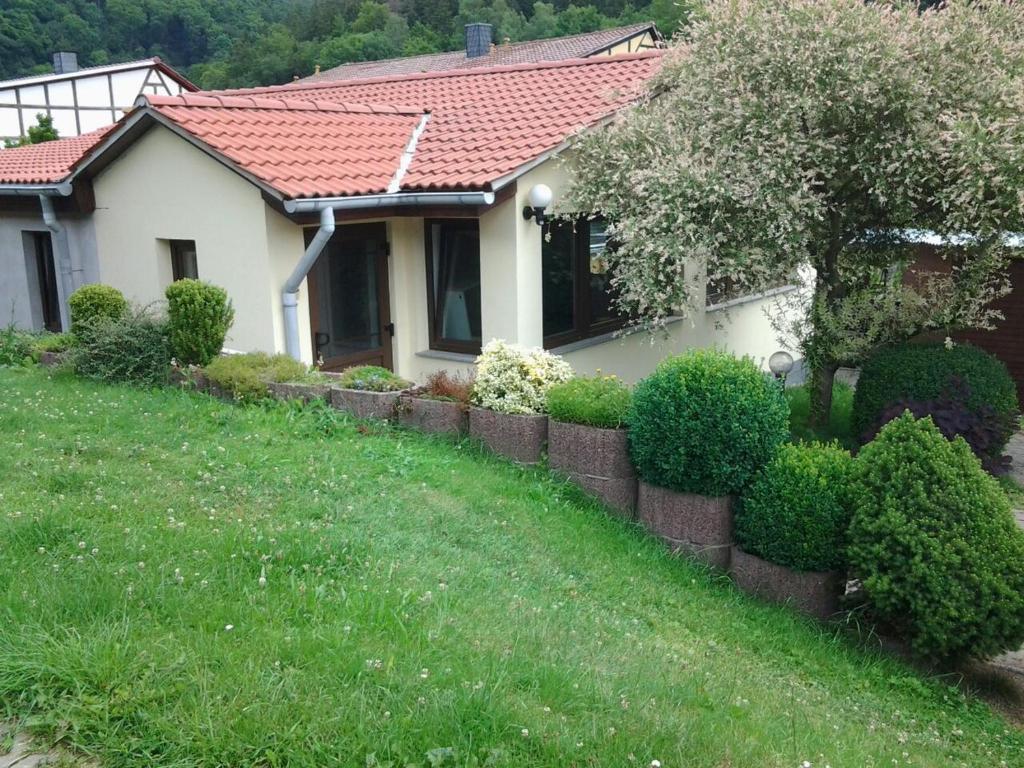 ein Haus mit einem Zaun vor einem Hof in der Unterkunft Ferienhaus Waldblick in Sangerhausen