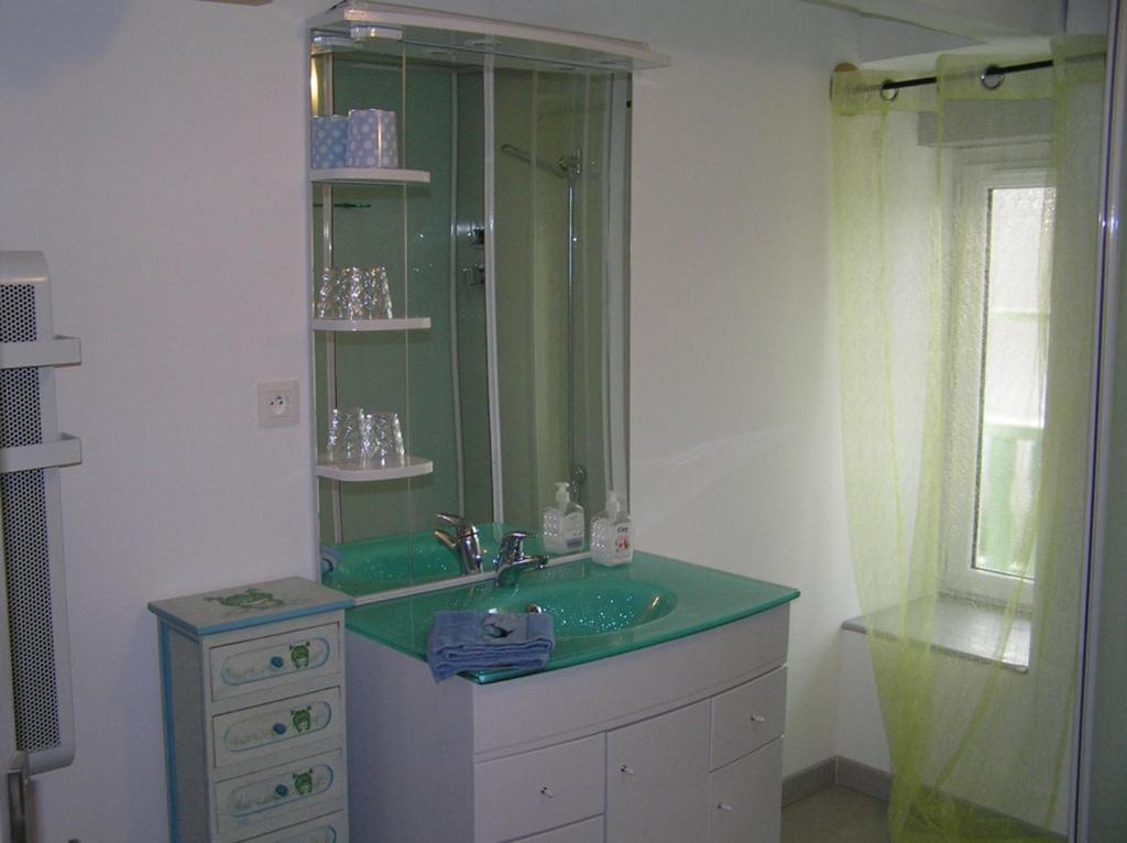 baño con lavabo verde y espejo en Chambres d'hôtes Au Pére Louis, en Labastide-du-Vert