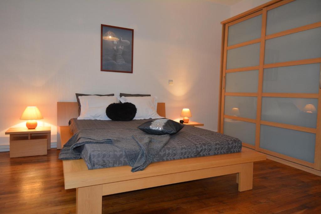 una camera da letto con un letto e un gatto seduto sopra di Appartement Saint-Malo Intra Muros a Saint Malo