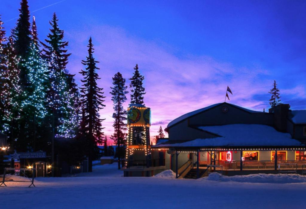 銀星的住宿－鬥牛犬酒店，一座晚上在雪中点亮圣诞灯的建筑