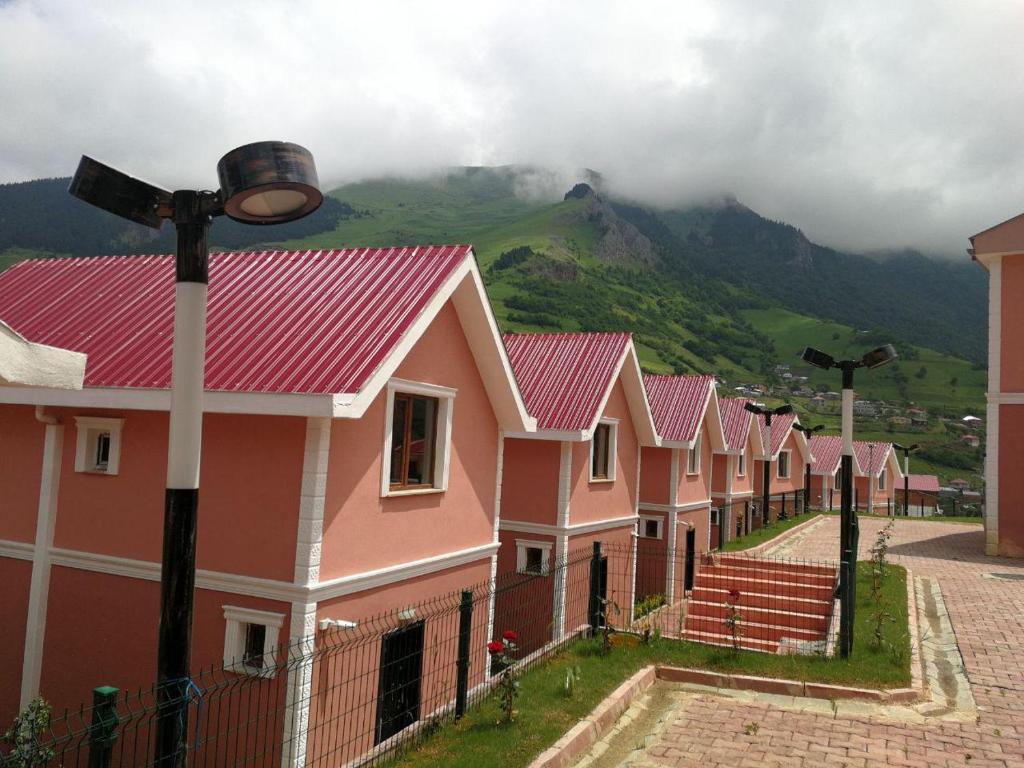 een rij roze huizen met een berg op de achtergrond bij Hamsikoy Hotel in Hamsikoy