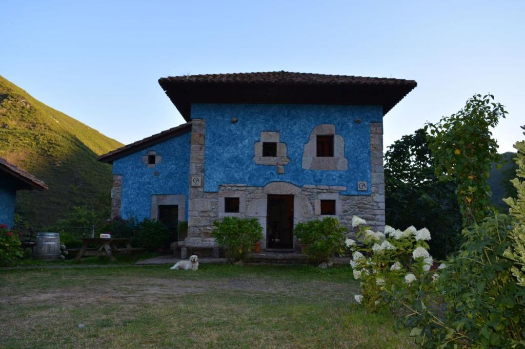 El Cantiellu في Zardón: مبنى ازرق فيه كلب جالس امامه