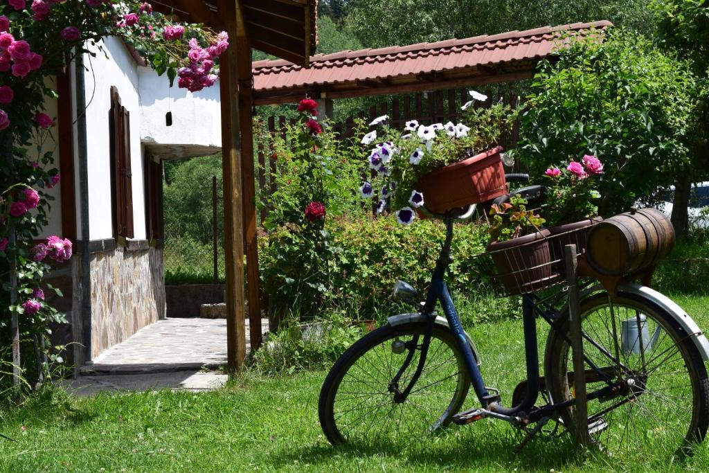 Una bicicleta estacionada en el césped con flores. en Villa Kabasanov, en Smolyan