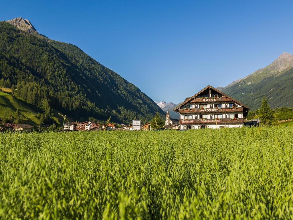 ein großes Gebäude auf einem Feld neben einem Berg in der Unterkunft Hotel Bergjuwel in Neustift im Stubaital