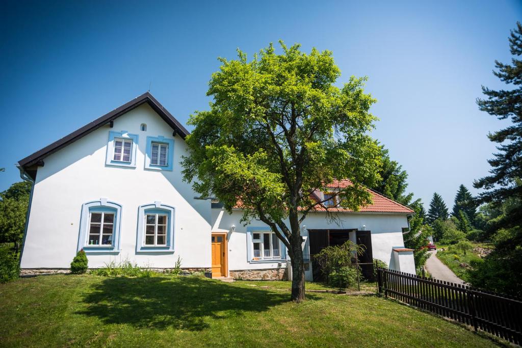 ein weißes Haus mit einem Baum im Hof in der Unterkunft Bořetínský Statek in Bořetín