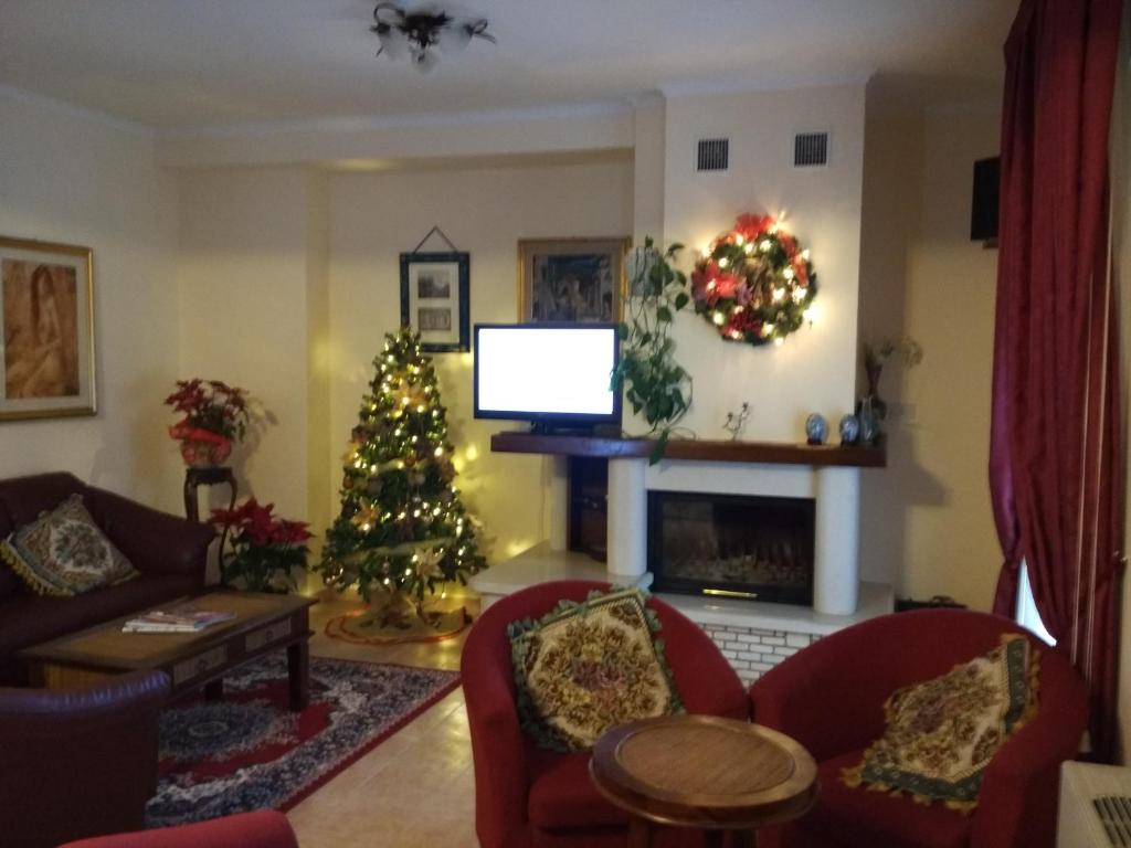 a living room with a christmas tree and a tv at Albergo Della Corte in Pescasseroli