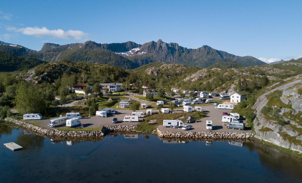 an aerial view of a campground in the mountains at Kabelvåg Feriehus & Camping in Kabelvåg