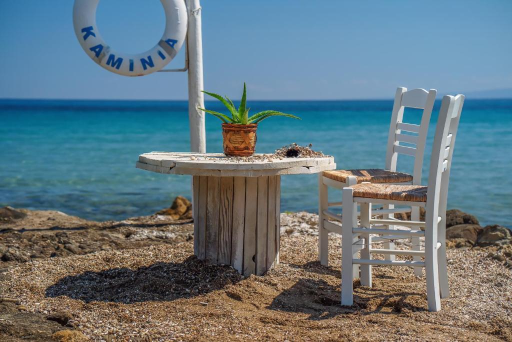 瓦西里科斯的住宿－菲奧雷海灘一室公寓，海滩上的一张桌子和两把椅子