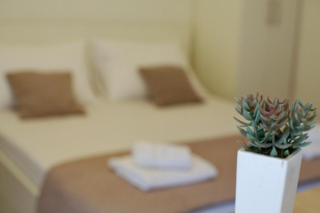 a white vase with a plant on a table at Apartment Kate in Bibinje