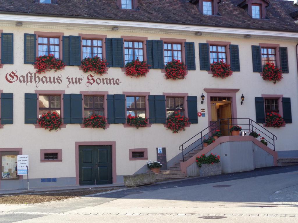Gasthaus zur Sonne في Aesch: مبنى به زهور على النوافذ و لوحة تدل على وجود مناعة ذاتية فوق بعضها