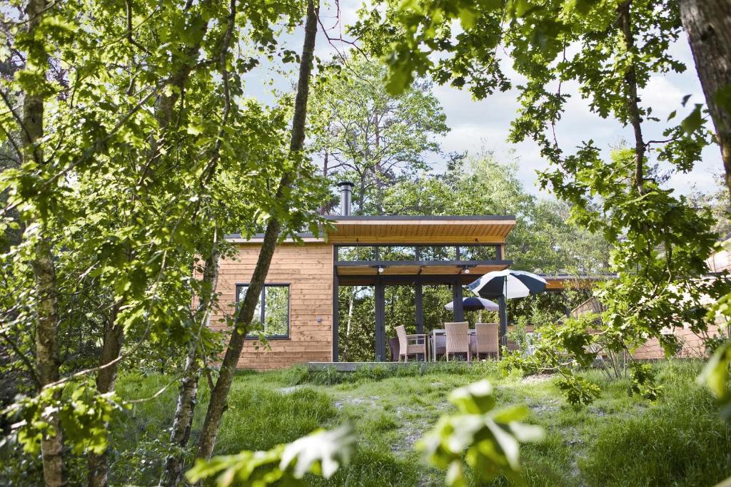 une maison dans les bois avec une terrasse dans l'établissement Center Parcs Les Hauts de Bruyères, à Chaumont-sur-Tharonne