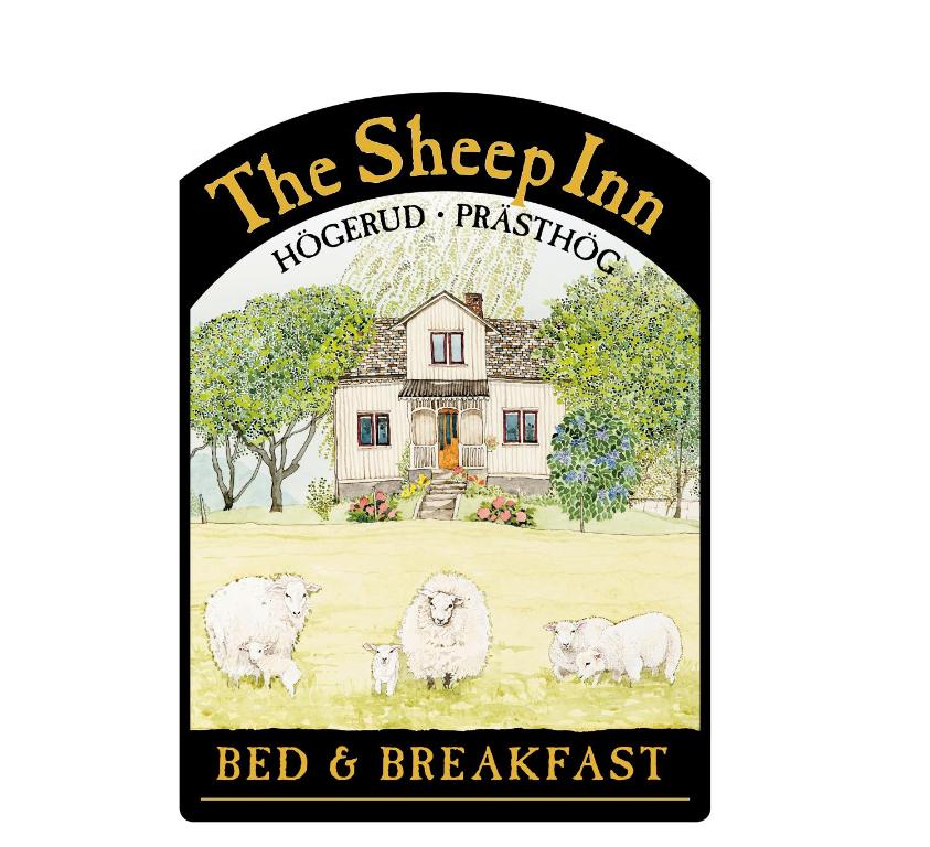 una etiqueta para un bed and breakfast con ovejas en un campo en The Sheep Inn B&B, en Arvika