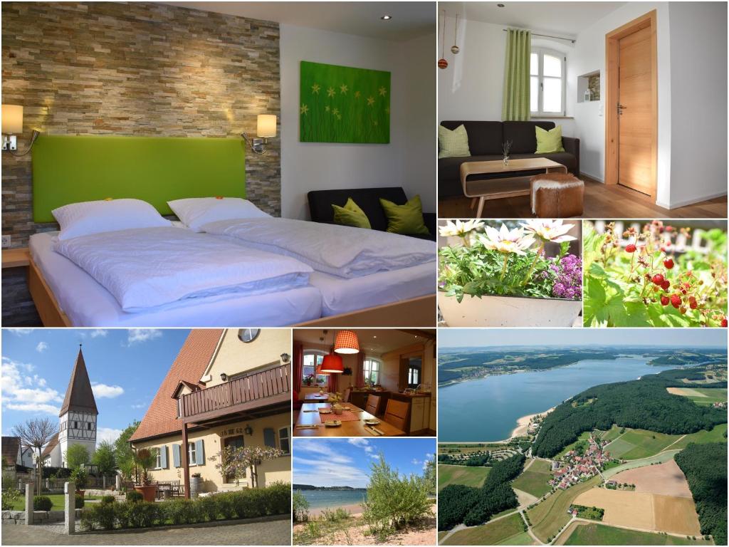 een collage van foto's met een bed en een huis bij Landhaus Folk in Pleinfeld