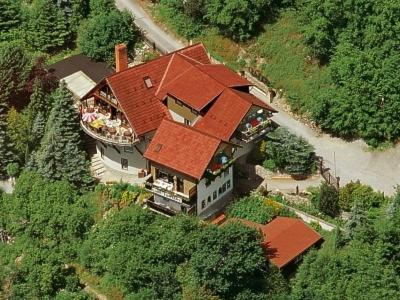 an aerial view of a house with a roof at Café und Pension Theodor Fontane in Altenbrak