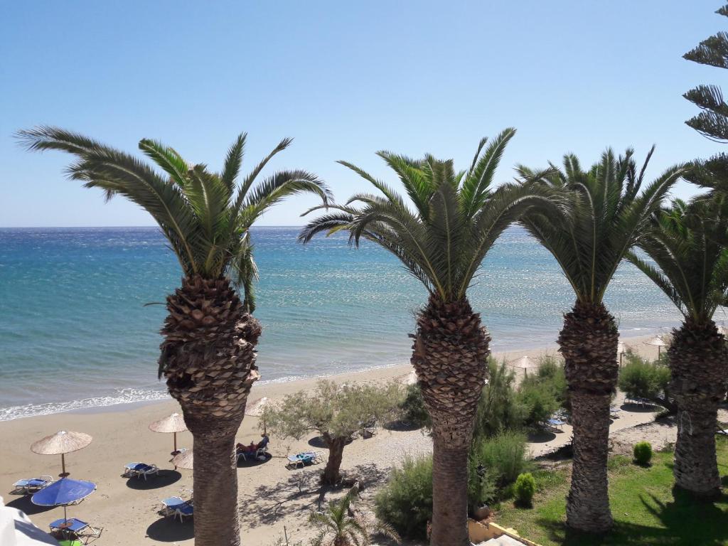 a group of palm trees on a beach with umbrellas at Blue Ocean Apartments in Makry Gialos