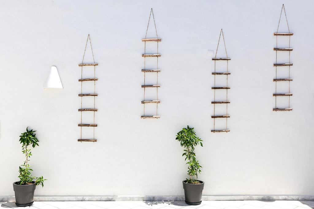 a white wall with shelves and two potted plants at Memories Beach Hotel in Monolithos