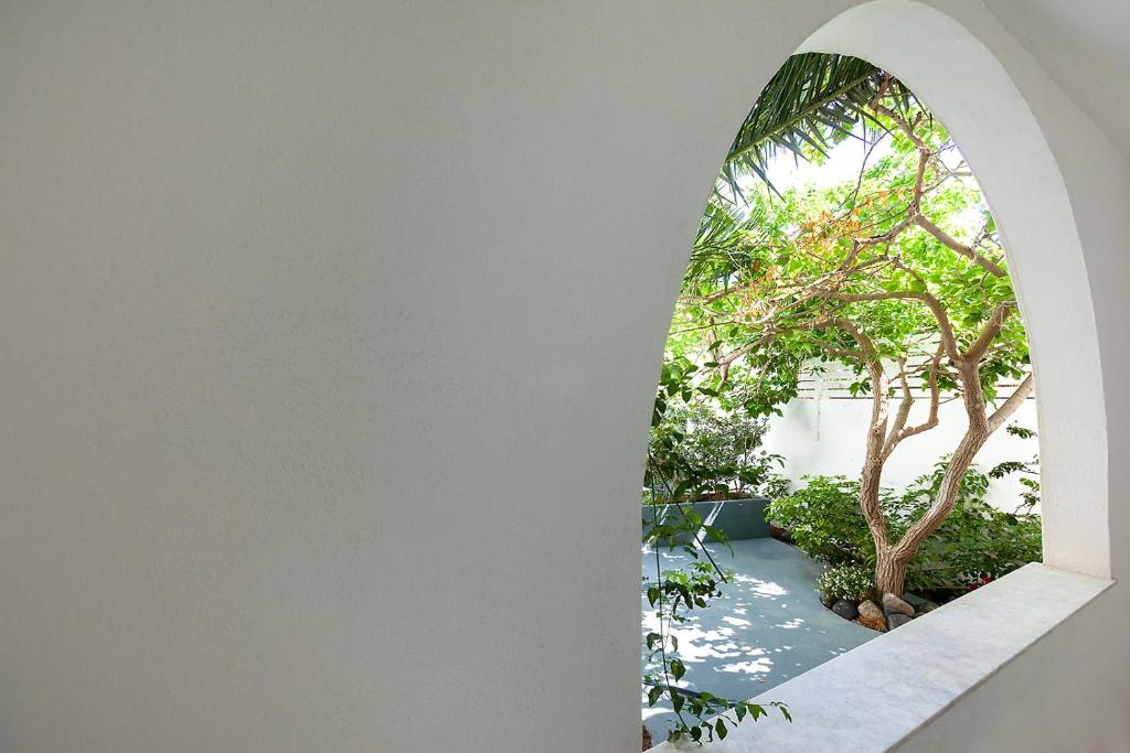 an arched window in a white wall with a tree at Memories Beach Hotel in Monolithos