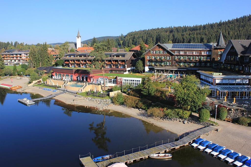 eine Luftansicht eines Resorts mit einem Fluss in der Unterkunft Treschers Schwarzwald Hotel in Titisee-Neustadt