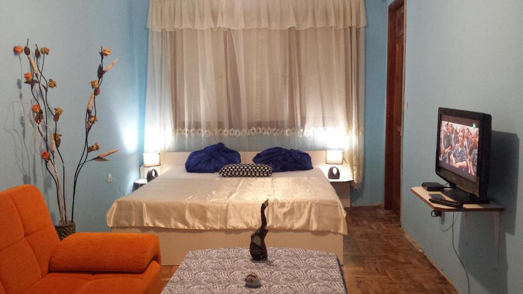 sypialnia z łóżkiem, krzesłem i telewizorem w obiekcie Аria B&B w Burgas