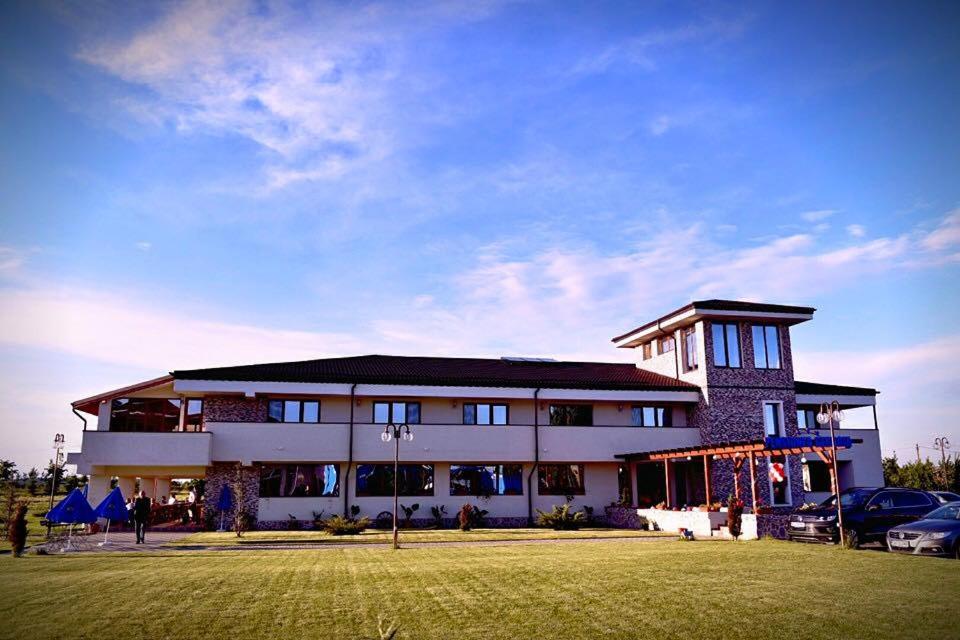 a large building with cars parked in front of it at Pensiunea Georgia in Lunguleţu