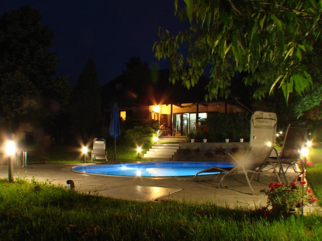 a swimming pool in a yard at night at Apartments M in Soko Banja