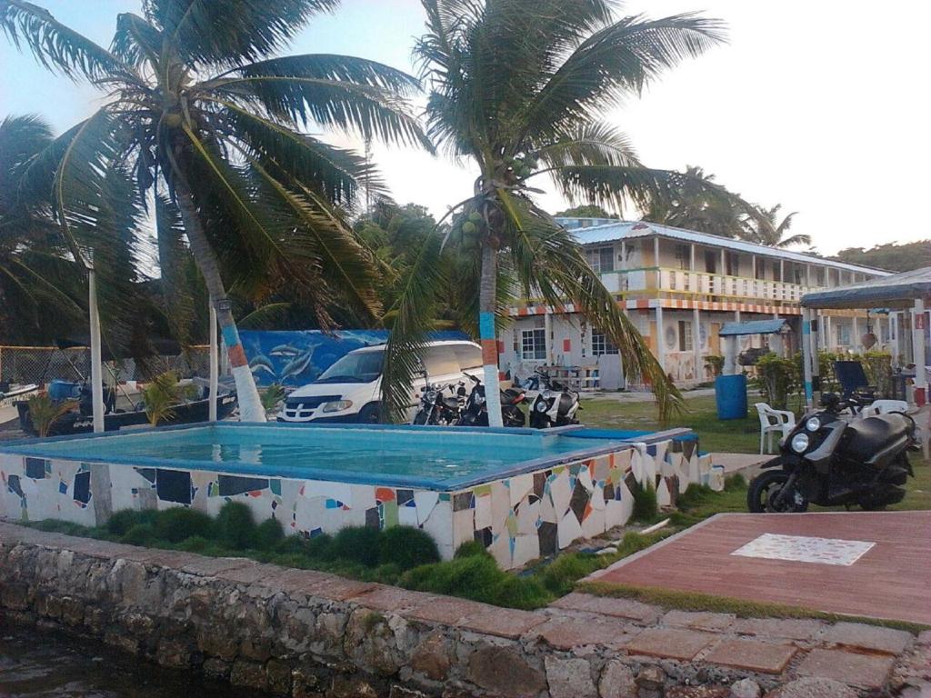 a swimming pool with palm trees and a building at Posada Donde Pilo Avila in San Andrés