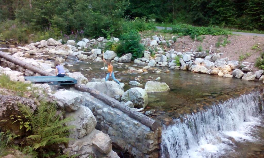 two children playing in a river with a waterfall at Apartamenty Kaskada in Miedzygorze