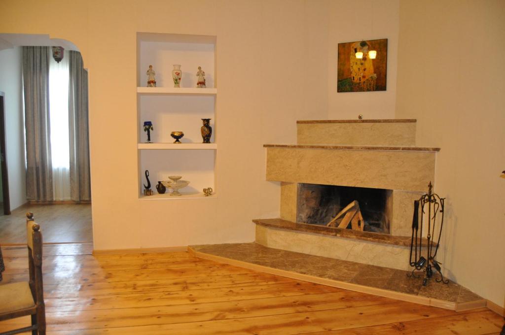 sala de estar con chimenea de piedra y estanterías en Apartment Chavchavadze 5 en Sighnaghi