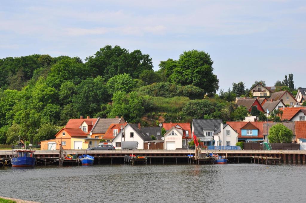 a group of houses next to a body of water at Ferienwohnung Zawalla in Kamminke