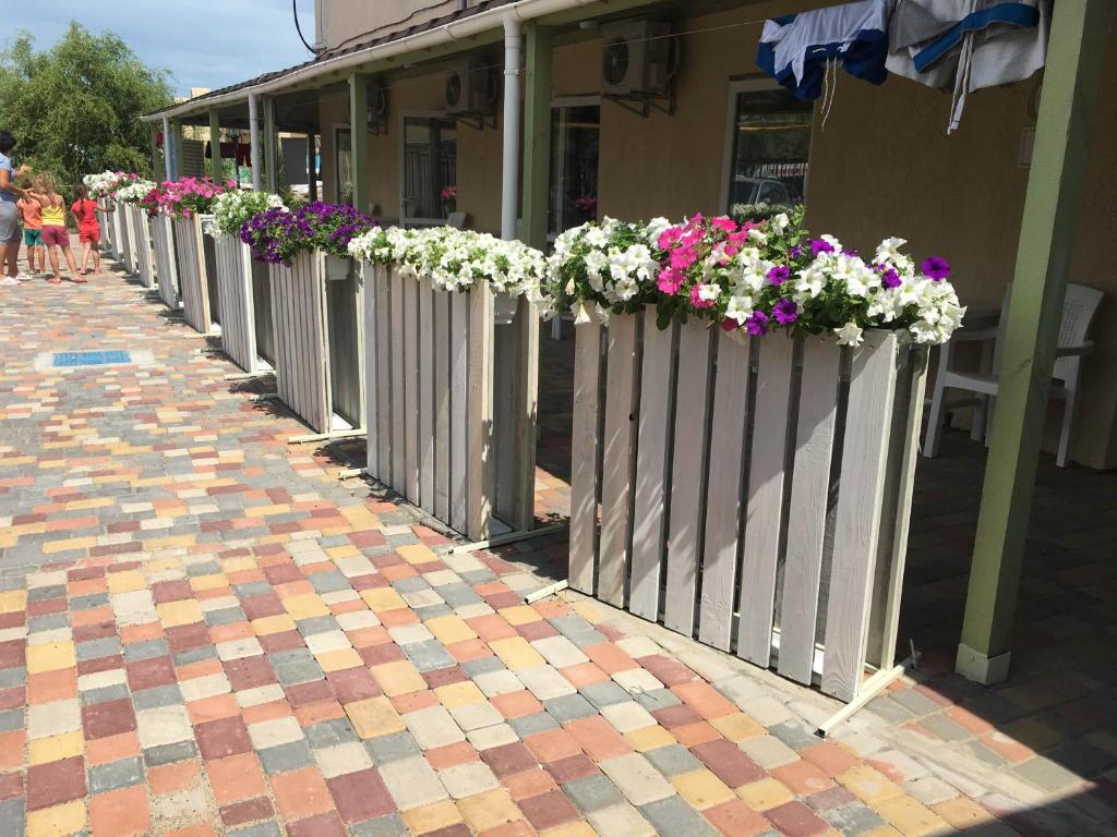 a row of flower boxes on a fence at SV apartments in Zatoka