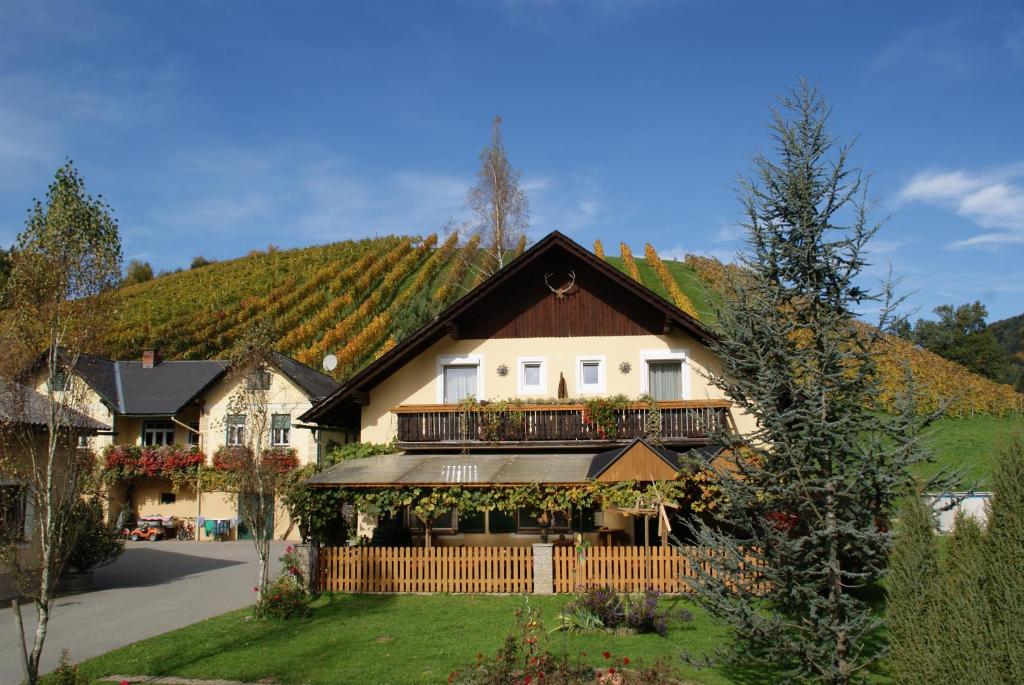 a large house with a roof with vineyards at Weingut Lieschnegg in Leutschach