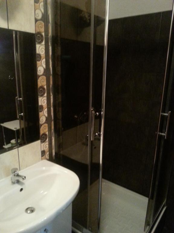 a bathroom with a sink and a shower at Chata Baryła in Sulęczyno