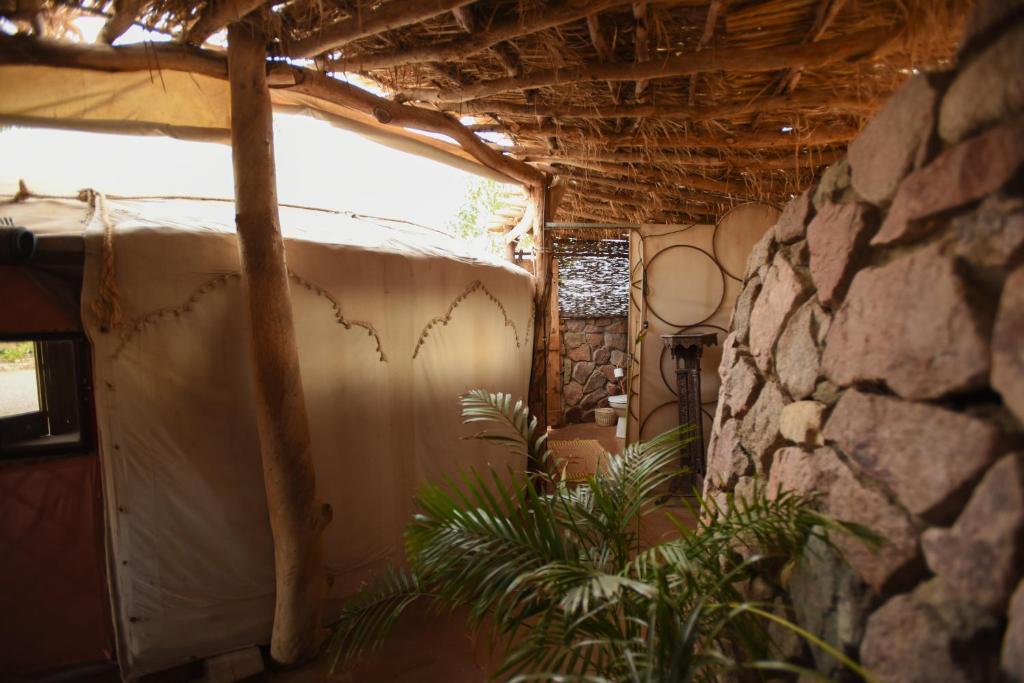 a room with a curtain and a stone wall at Williams House in Eilat