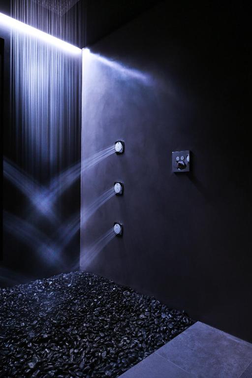 a bathroom with a shower with a black wall at Claris Hotel & Spa GL, a Small Luxury Hotel of the World in Barcelona