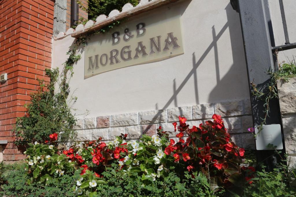 a sign for a flower shop with red flowers at Morgana in Castrezatto