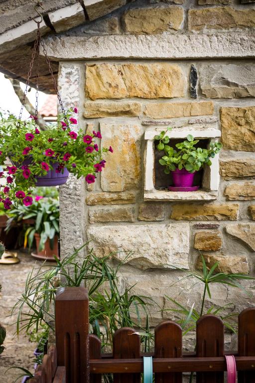 a stone wall with two pots of flowers on it at Apartments Baredi in Izola