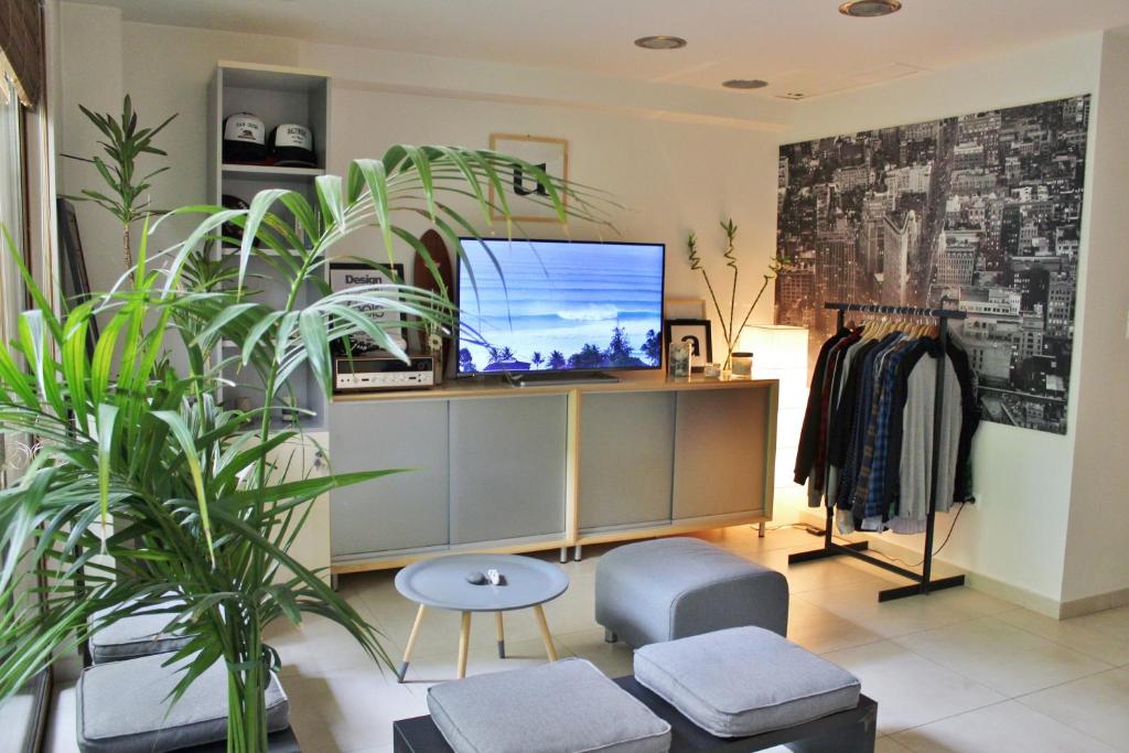 Televízia a/alebo spoločenská miestnosť v ubytovaní Luxurious Loft with Garden