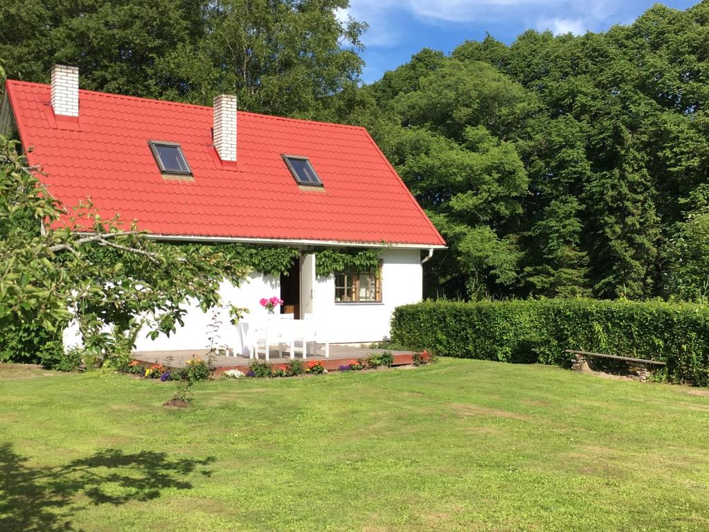 ein rotes Dach auf einem weißen Haus mit einem Hof in der Unterkunft River Villa, 20 min by train to Old Town, big yard in Lagedi