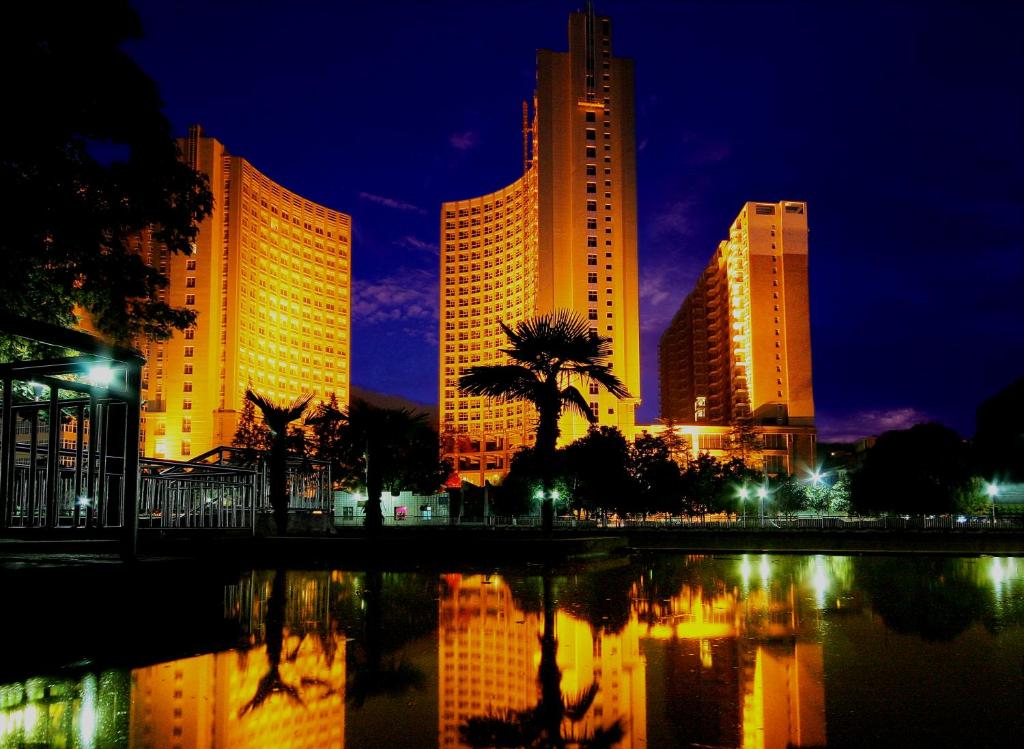 un profilo della città con edifici alti e una palma di Wudang International Hotel a Shiyan