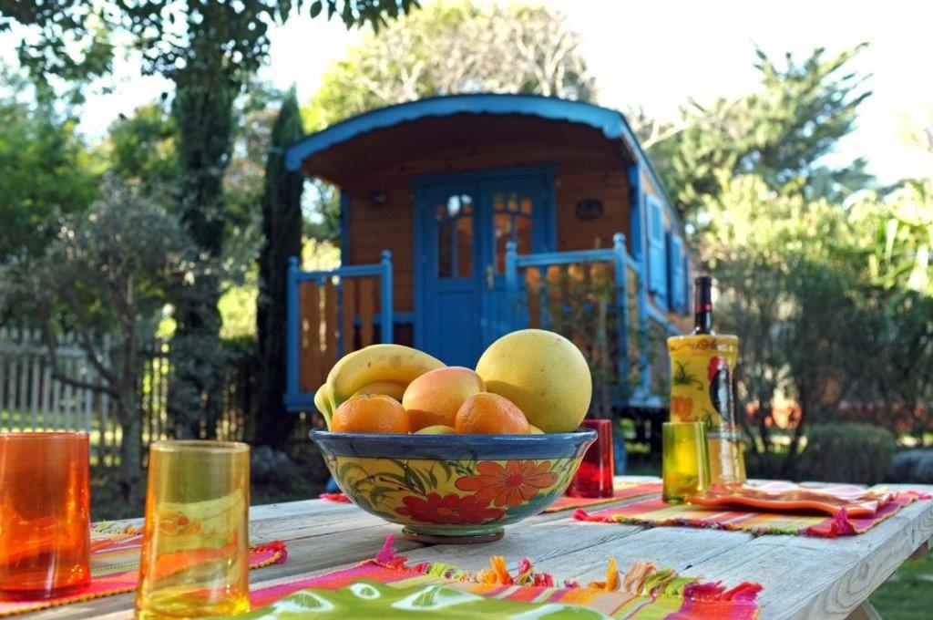 un tazón de fruta en una mesa con un tazón de huevos en Roulotte De Charme, en Grasse